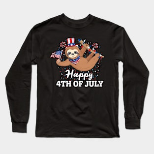 Hanging Sloth American Flag hat fireworks USA 4th Of July Long Sleeve T-Shirt